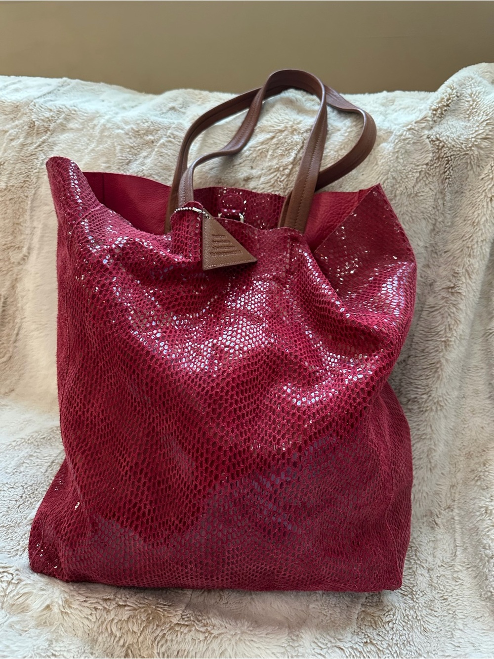 Sorial ruby Sequin Tote with Brown Leather Handles
